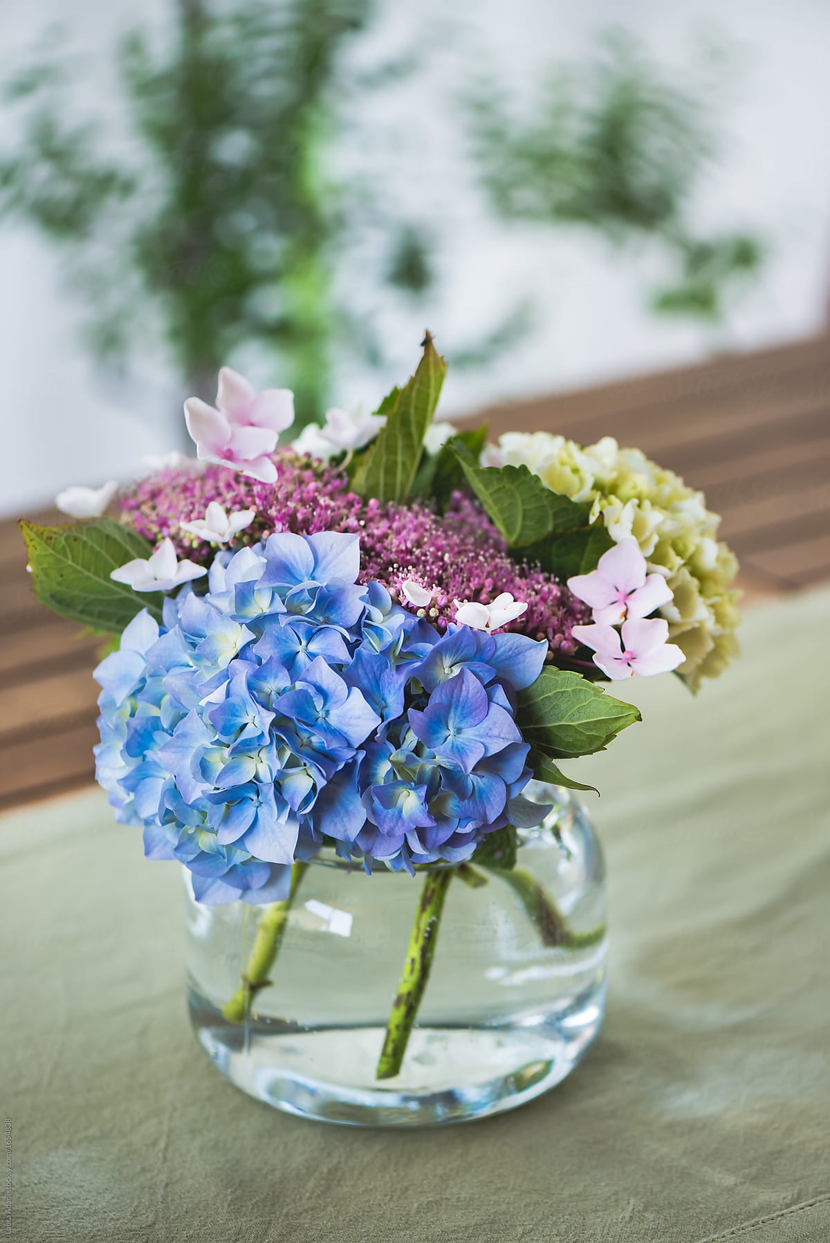 Bouquet of hydrangea in a jar