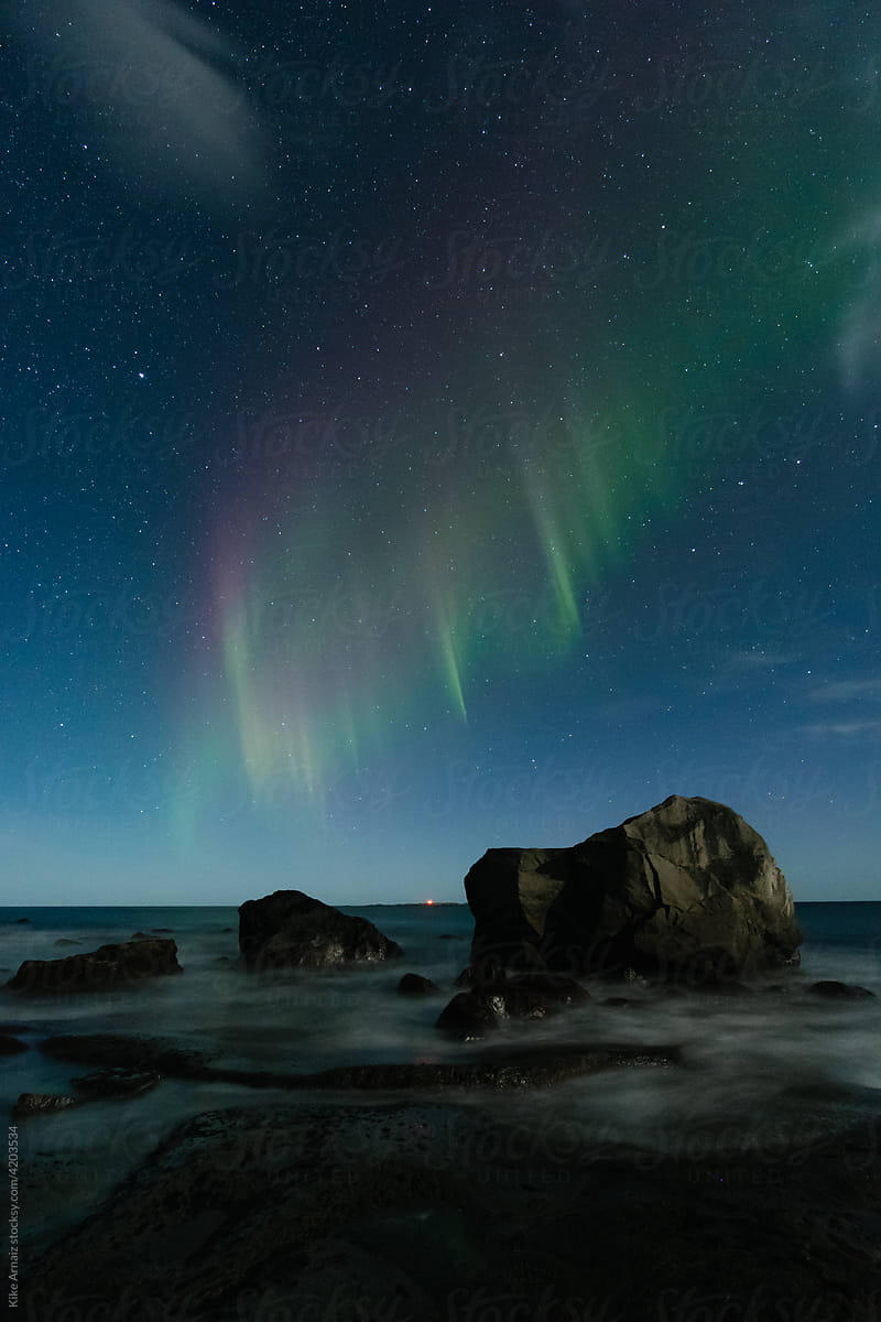 Amazing northern lights over sea