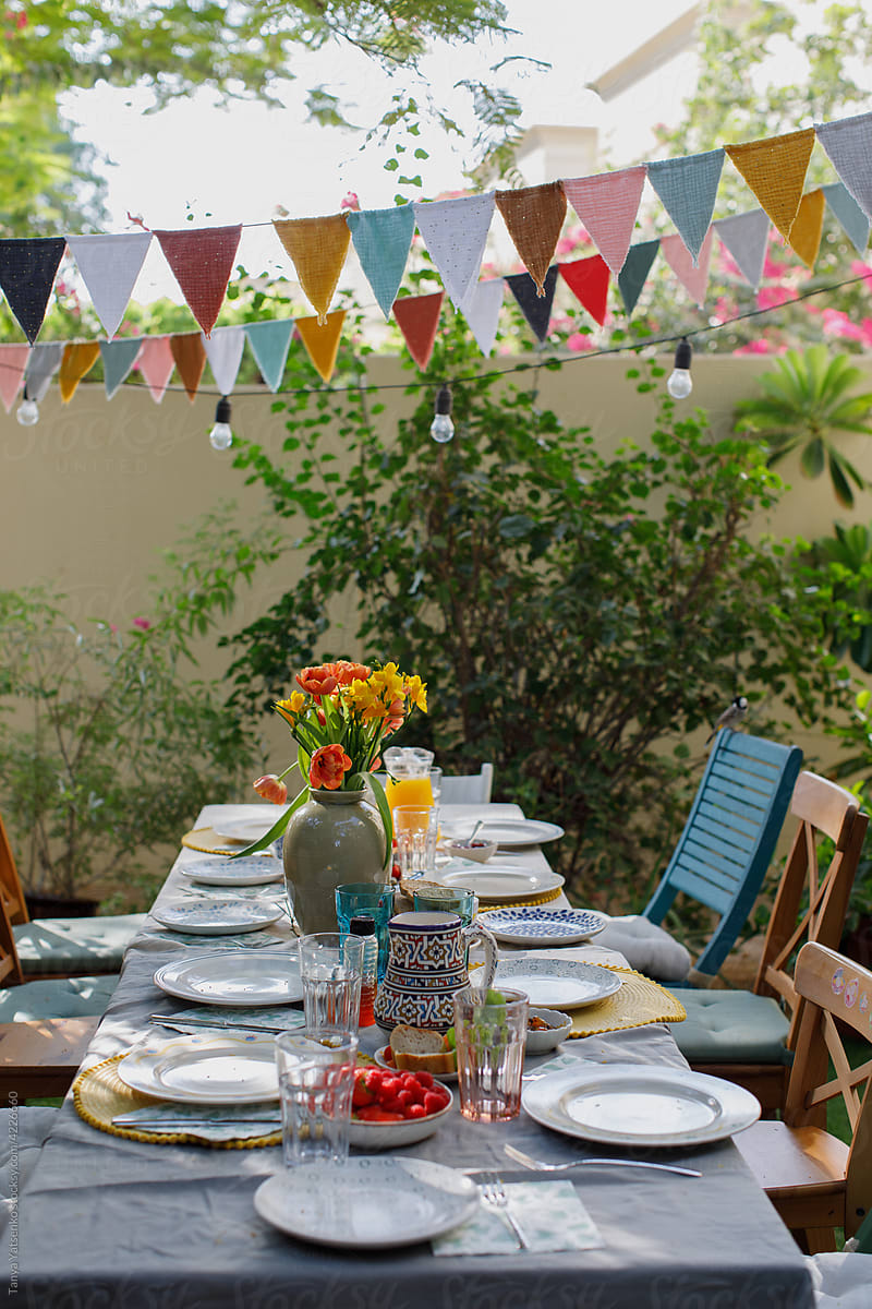 A decorated table in the garden