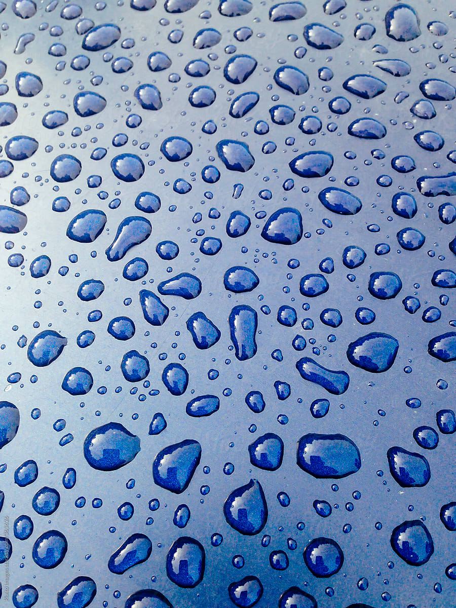 Rain drops on car hood, close up