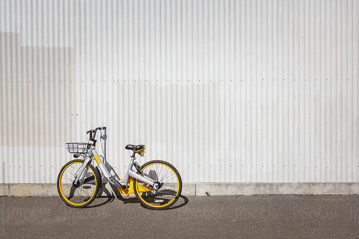 Bike leaning against a white corrugated wall in summer