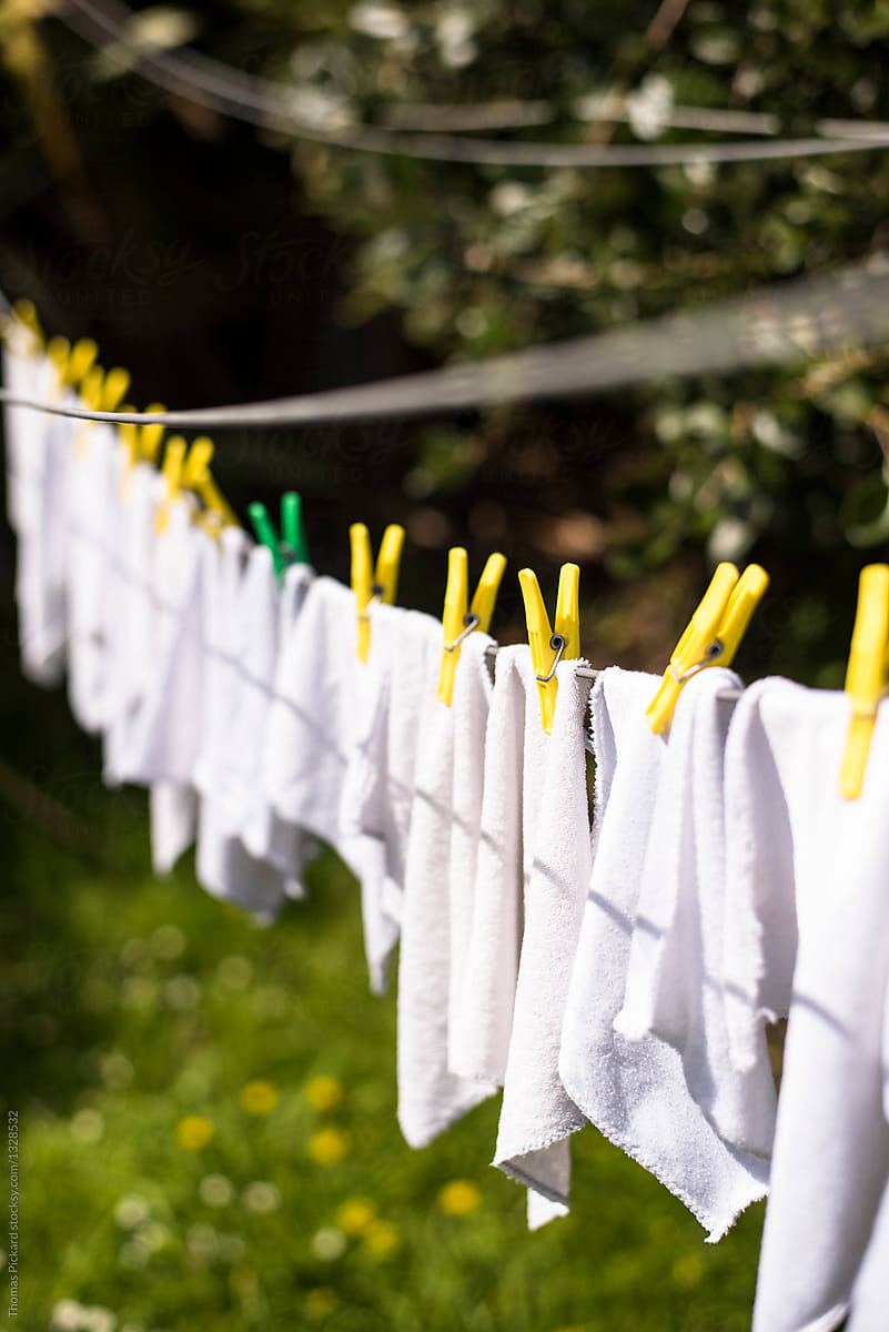 White nappy clothes drying on a clothesline, New Zealand.