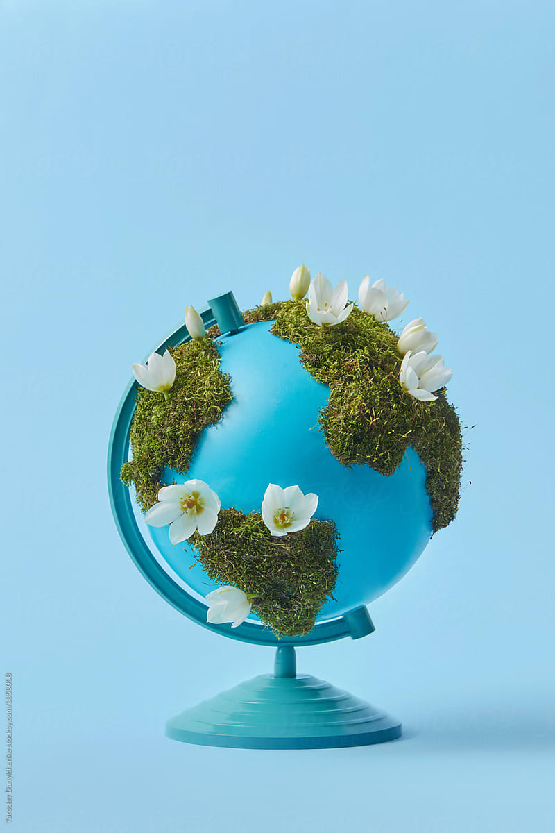 Earth globe with moss and flowers