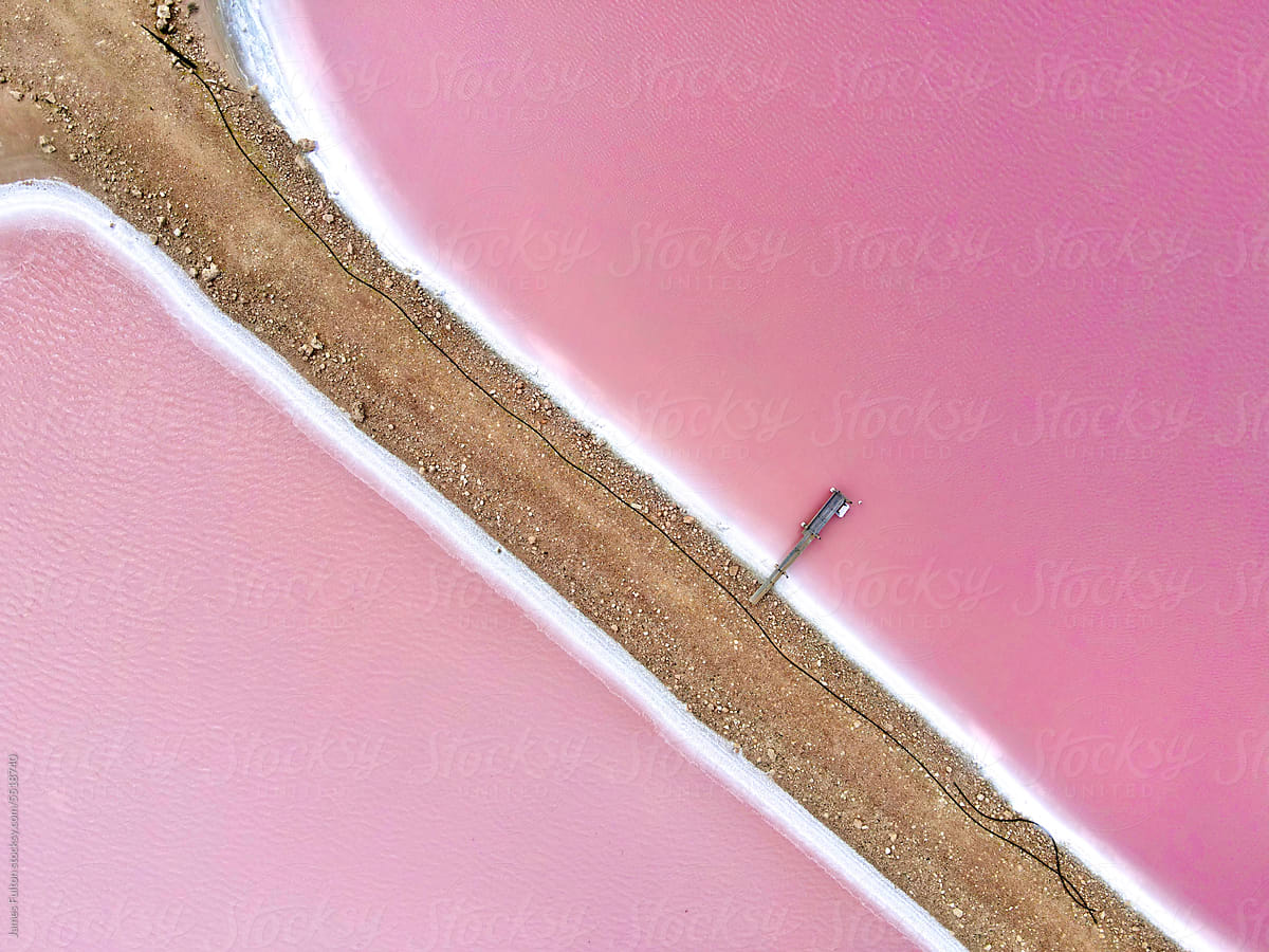 Aerial view of a Pink lake with a jetty