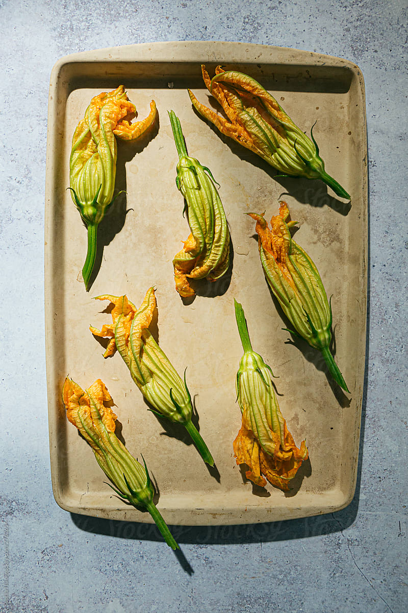 Zucchini blossoms on try