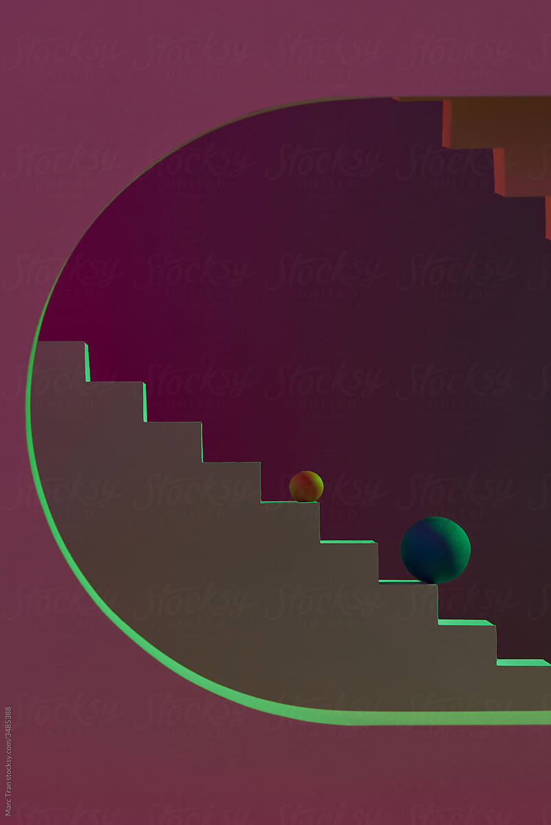 Round figures and stairs on a colorful background.