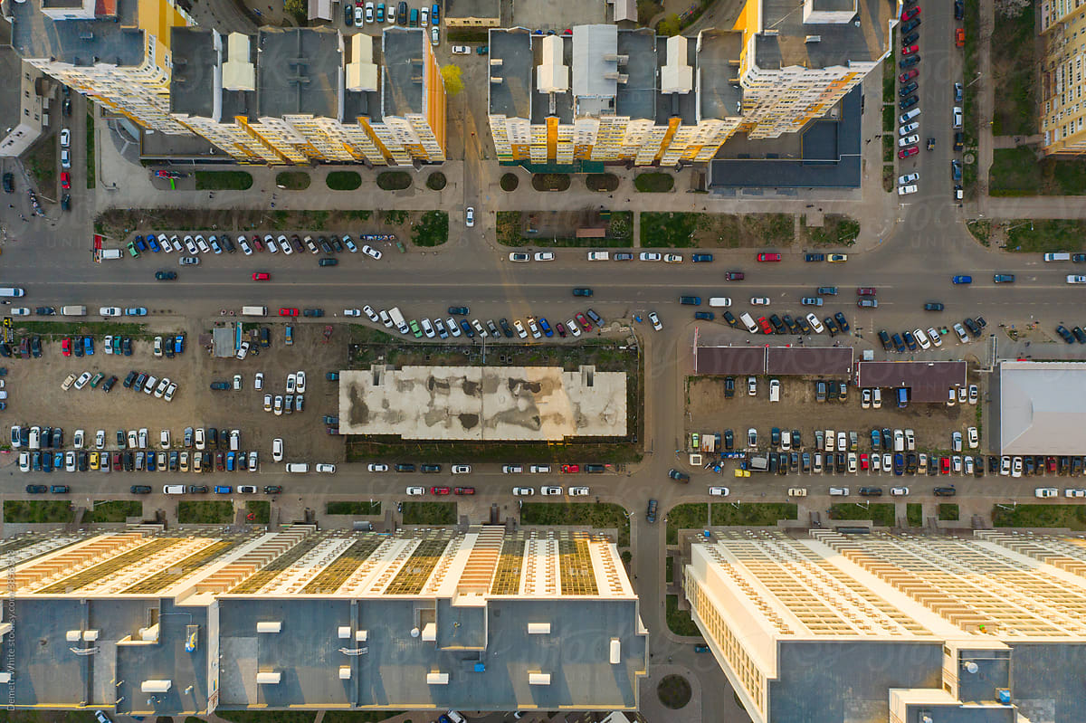 aerial view of the rooftop of multistory buildings