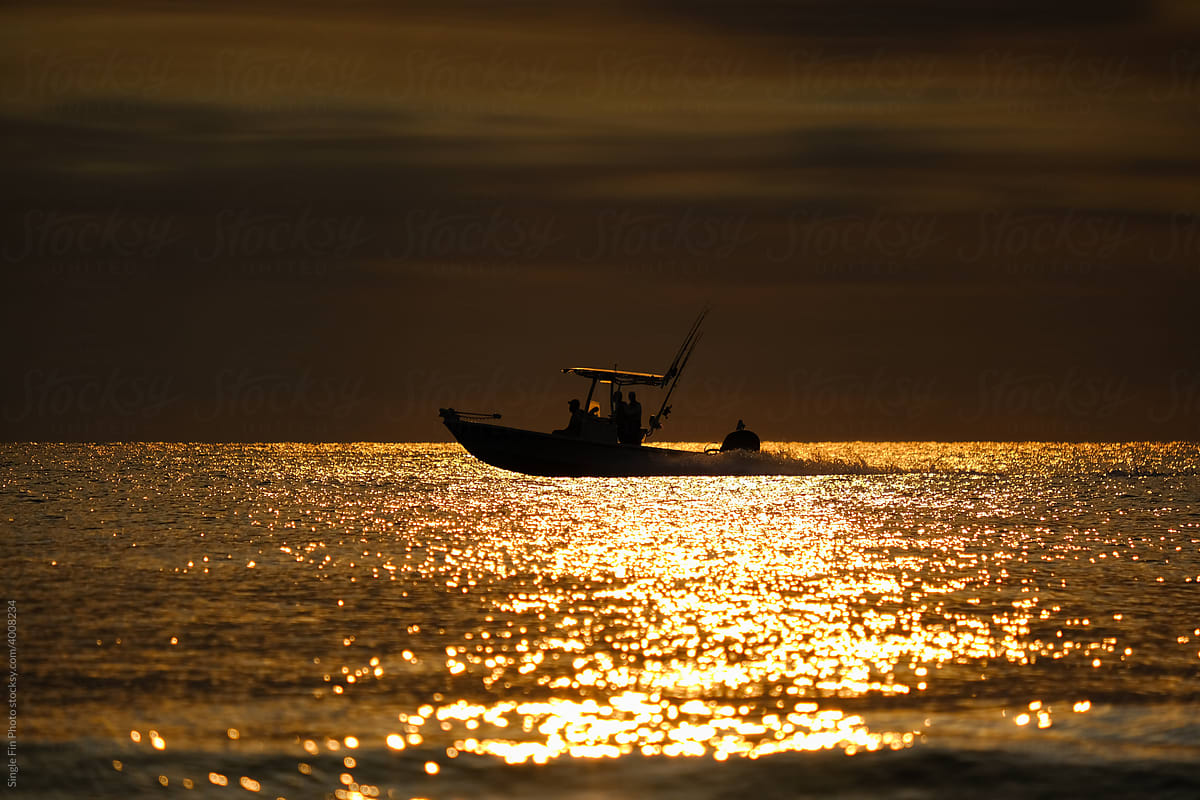 Center consol eboat at sunrise on the Atlantic Ocean