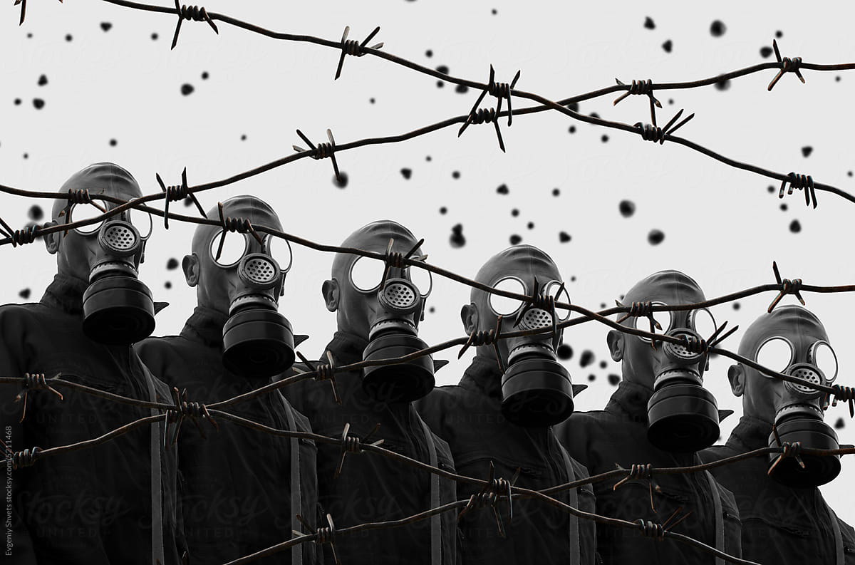 Digital collage with group of soldiers in gas masks
