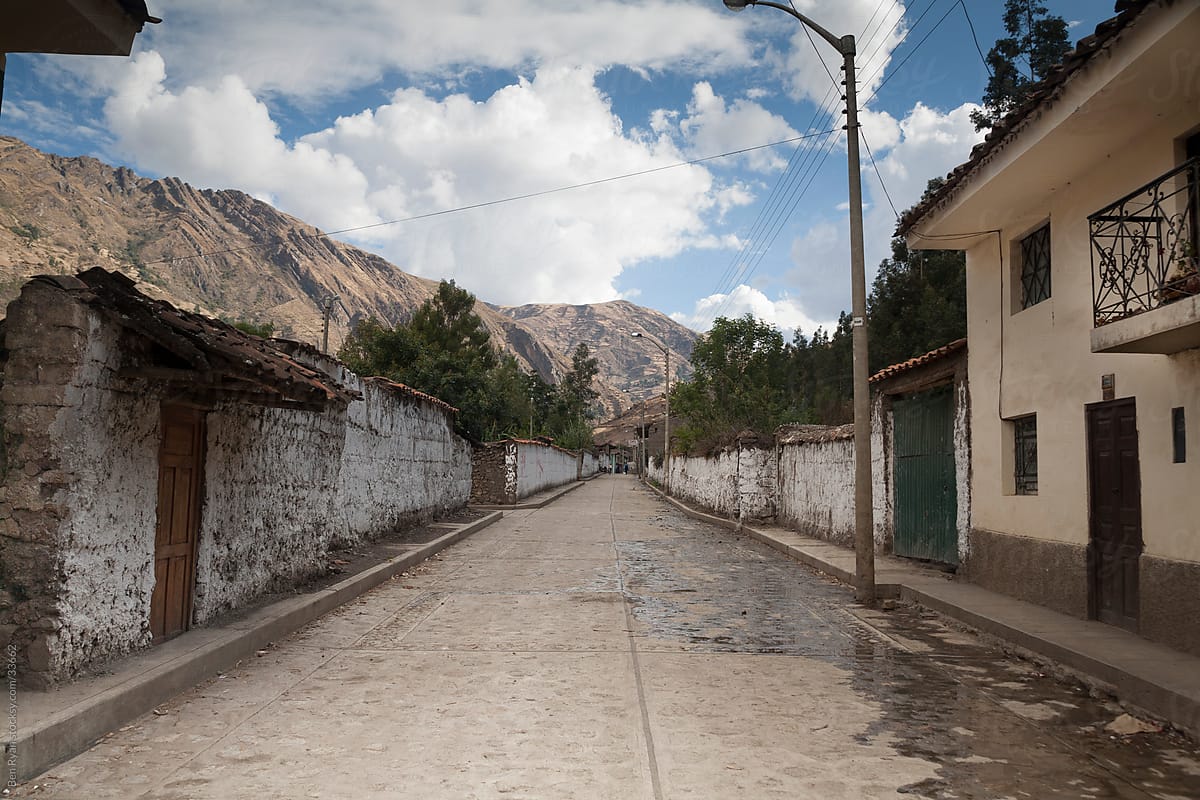 Andean town street lined by adobe walls