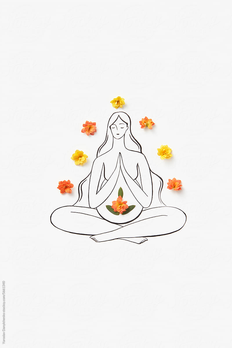 Pregnant woman sketched with black line meditating in lotus pose