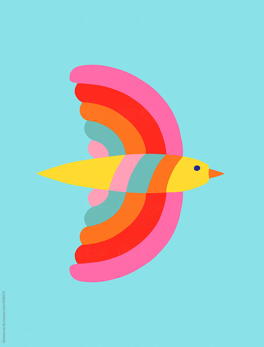 Colorful birds in summer sky illustration