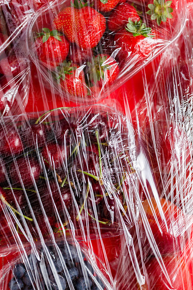 Fruit wrapped in plastic cellophane