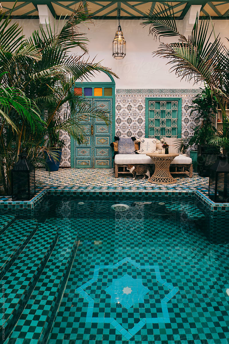 Beautiful Tiled Moroccan Interior With Courtyard Pool