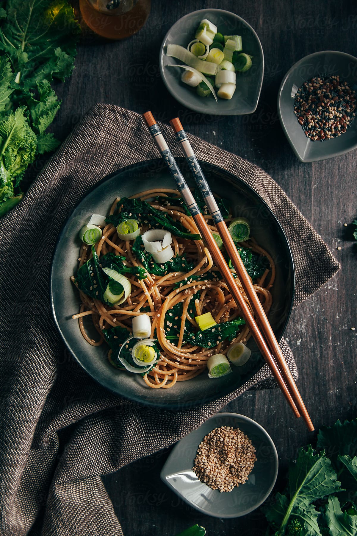 Soba noodles with turnip tops and sesame seeds