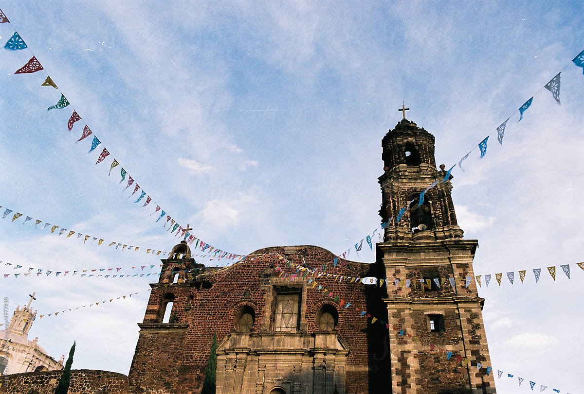 mexico church with blue skies