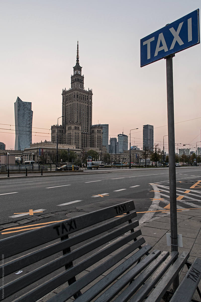 Taxi stand in Warsaw with view to the Palace of Culture and Science