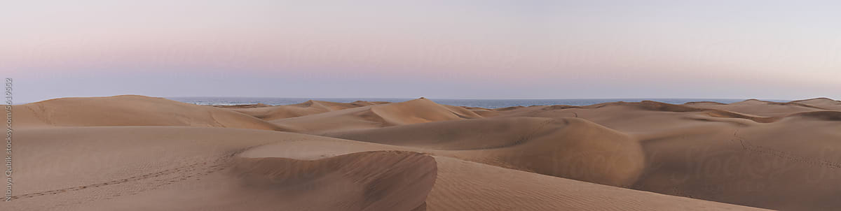 Panorama of a sand dune field at dusk