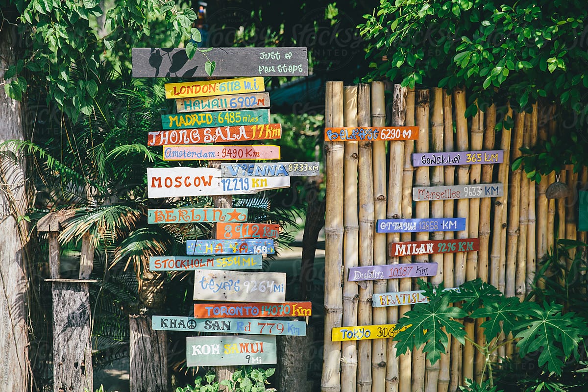 Many signposts with direction and distance