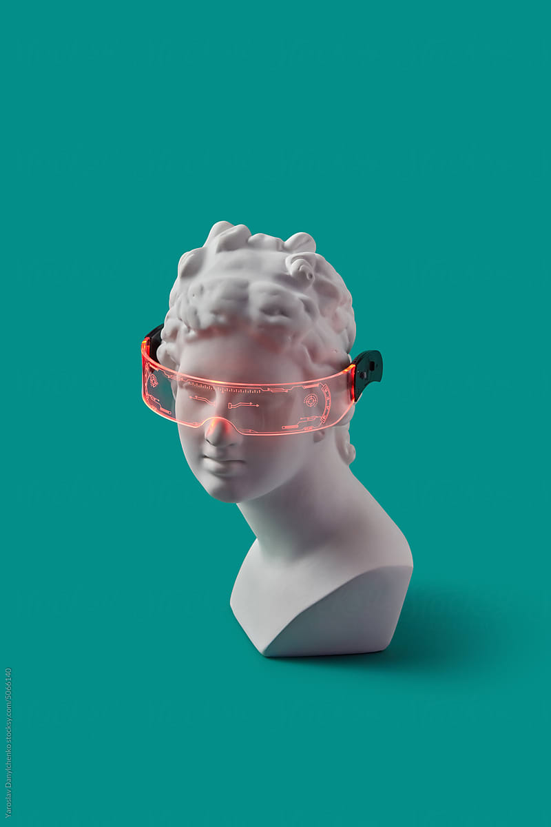 Gypsum sculpture in glasses in cyberpunk style.