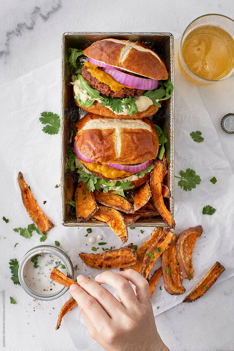 Vegan Burger and Sweet Potatoe Fries