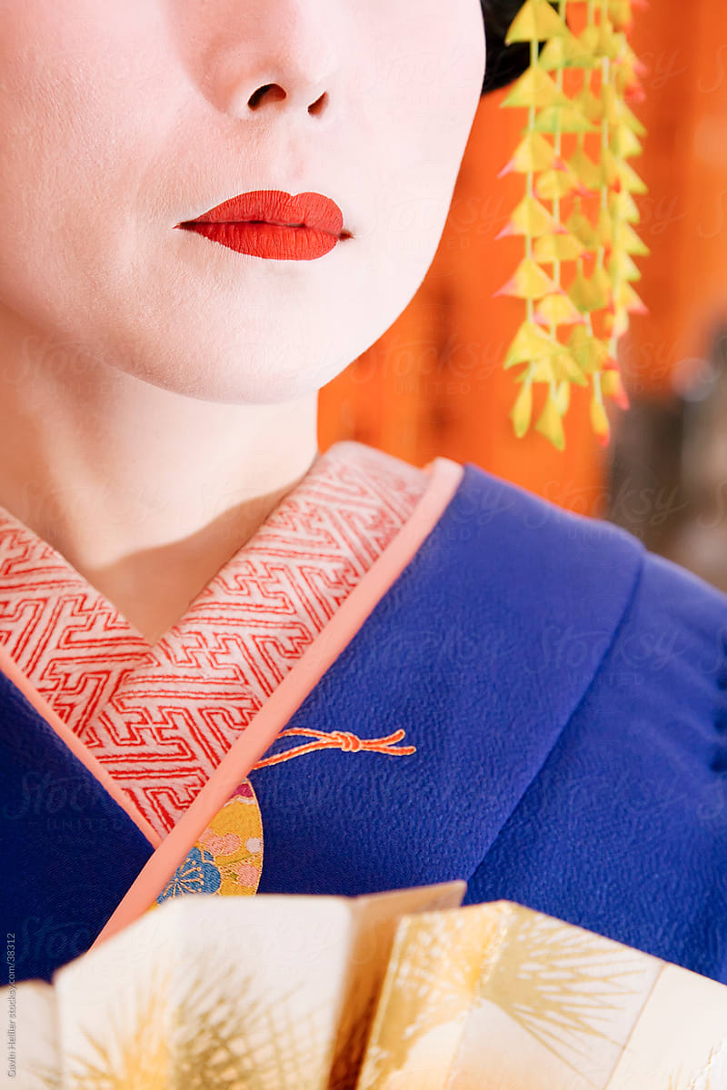 Asia, Japan, Honshu, Kansai Region, Kyoto, Fushimi-Inari Taisha shrine, portrait of a Geisha (detail)