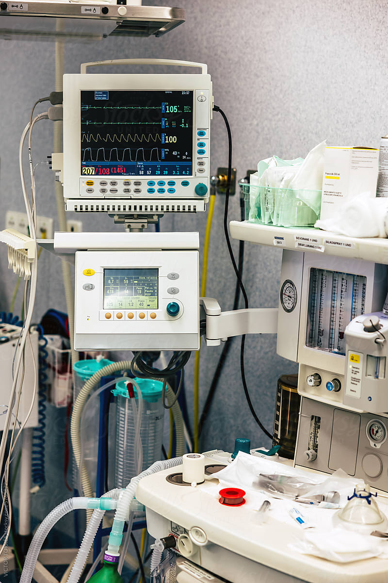 Medical equipment and monitors in a hospital operating room