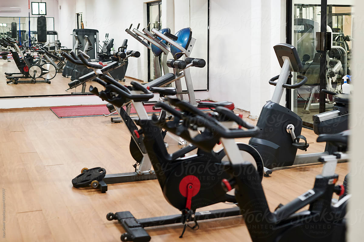 Exercise bikes in an empty gym