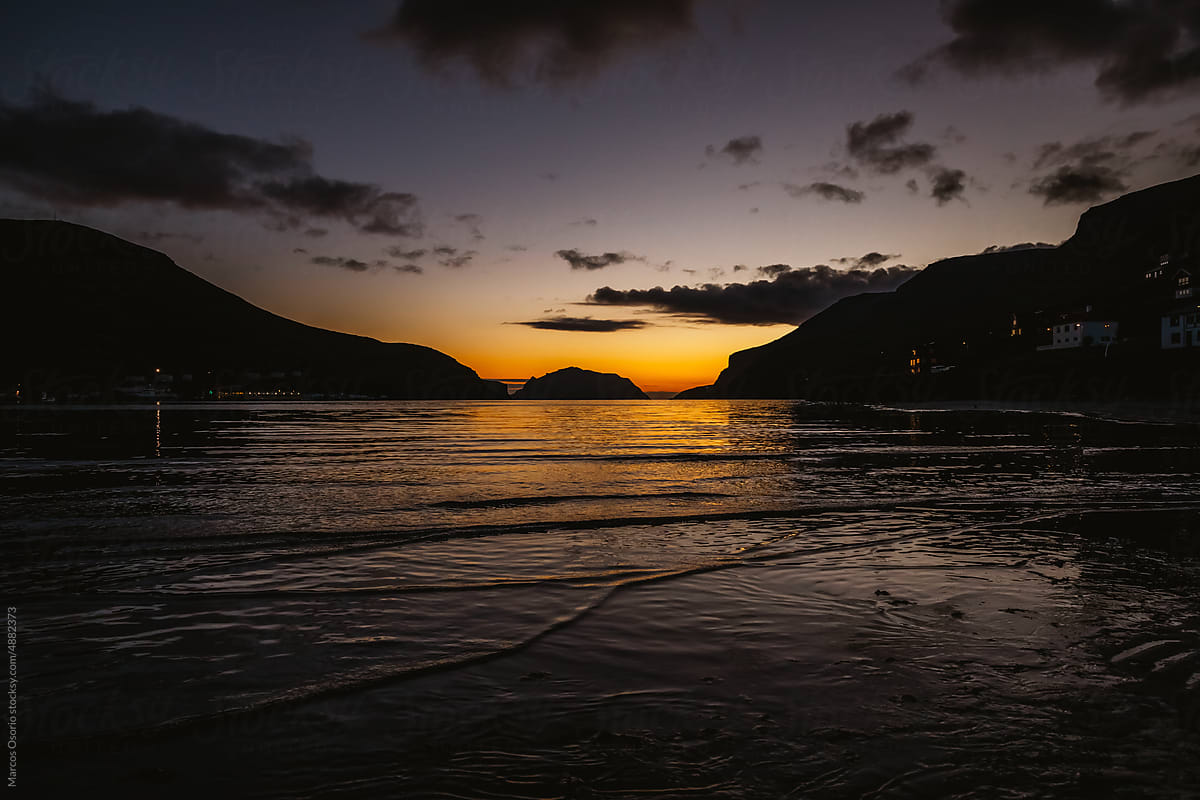Sunset on a beach in the Faroe Islands