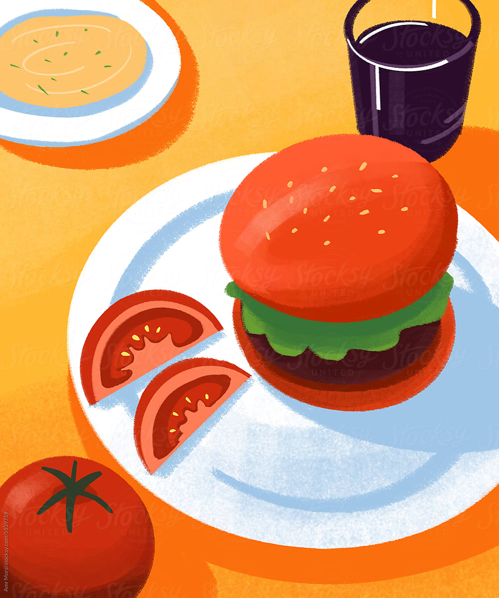 illustration of a plate with a mouthwatering hamburger