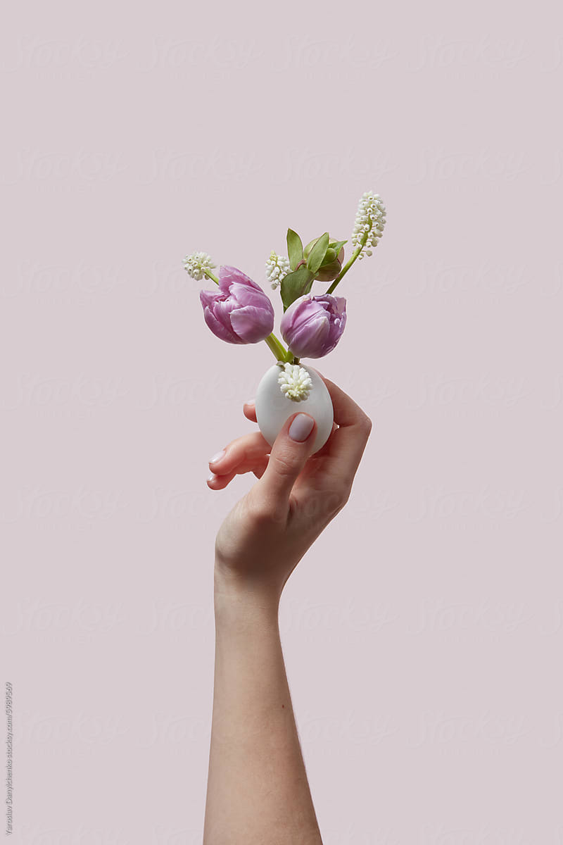 Hand raising cracked egg with fresh flowers sprouting from inside