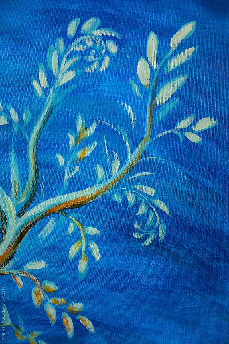 Branch painting on real canvas texture