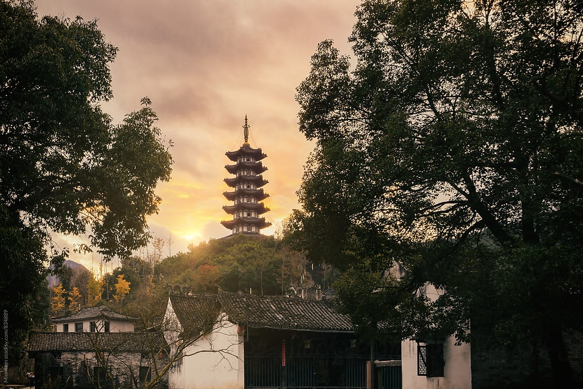 Chinese ancient pagoda and stone bridge