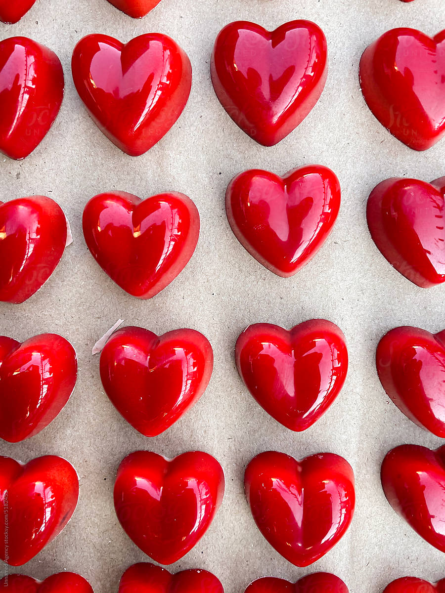 Red heart shaped chocolate bonbons