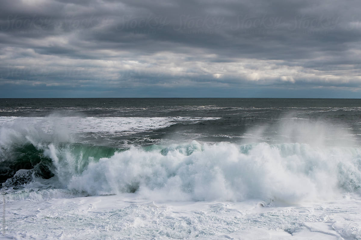 Giant waves crash into the rocky Maine coastline after a powerful winter noreaster.
