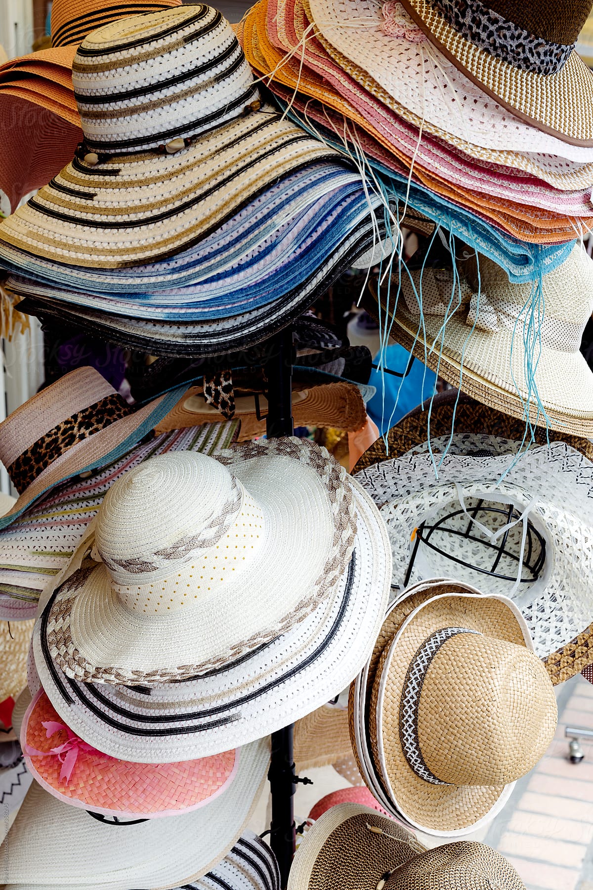 Display of summer hats in a tourist shop