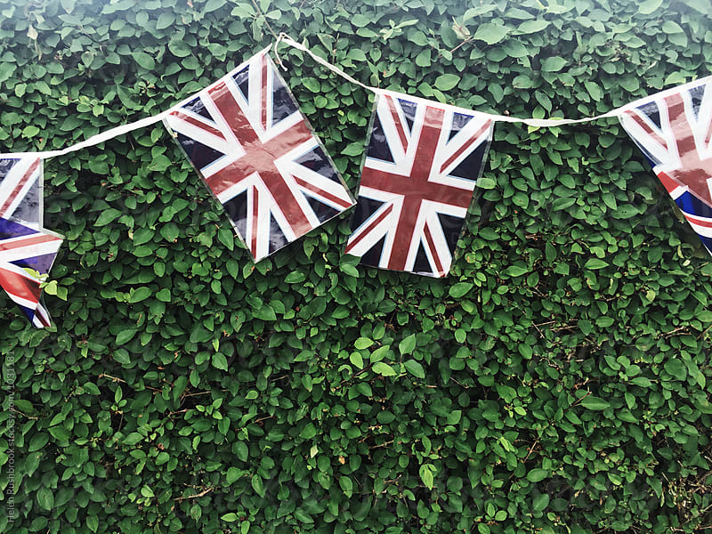 British flags draped on a hedge.