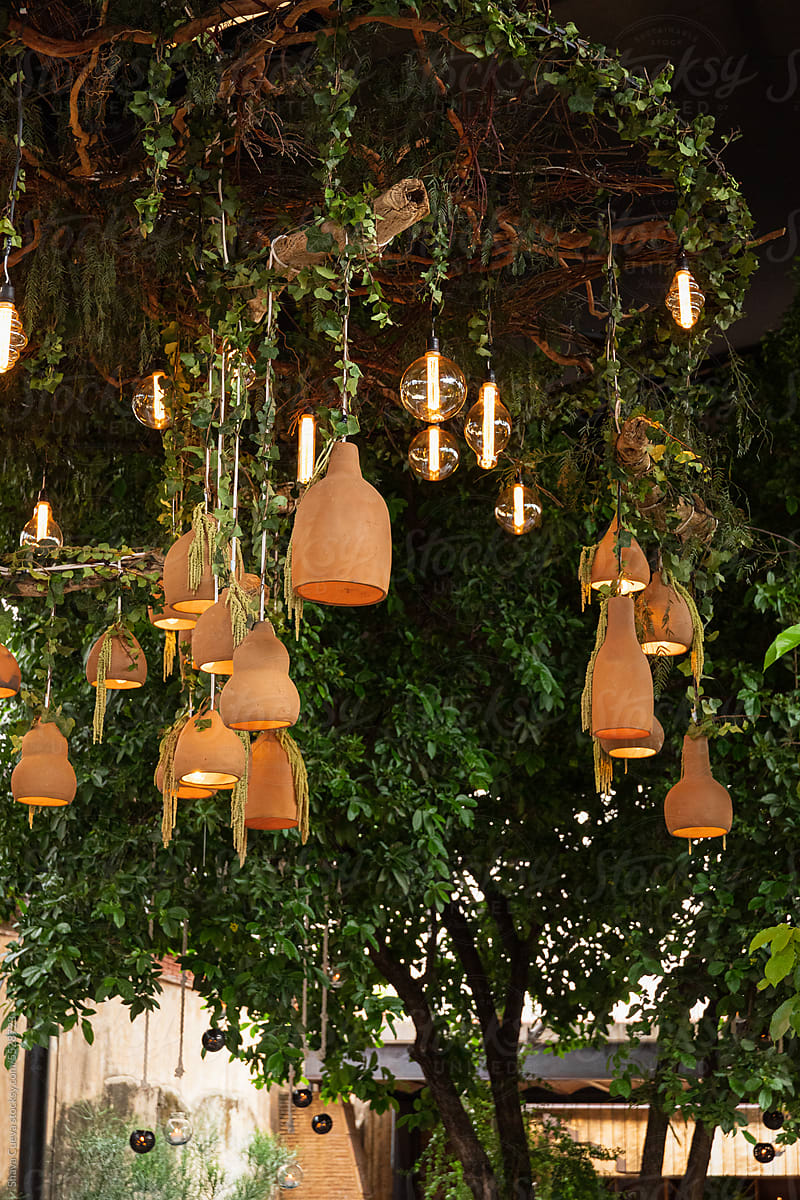 Earthenware lamps hanging from a tree at an event
