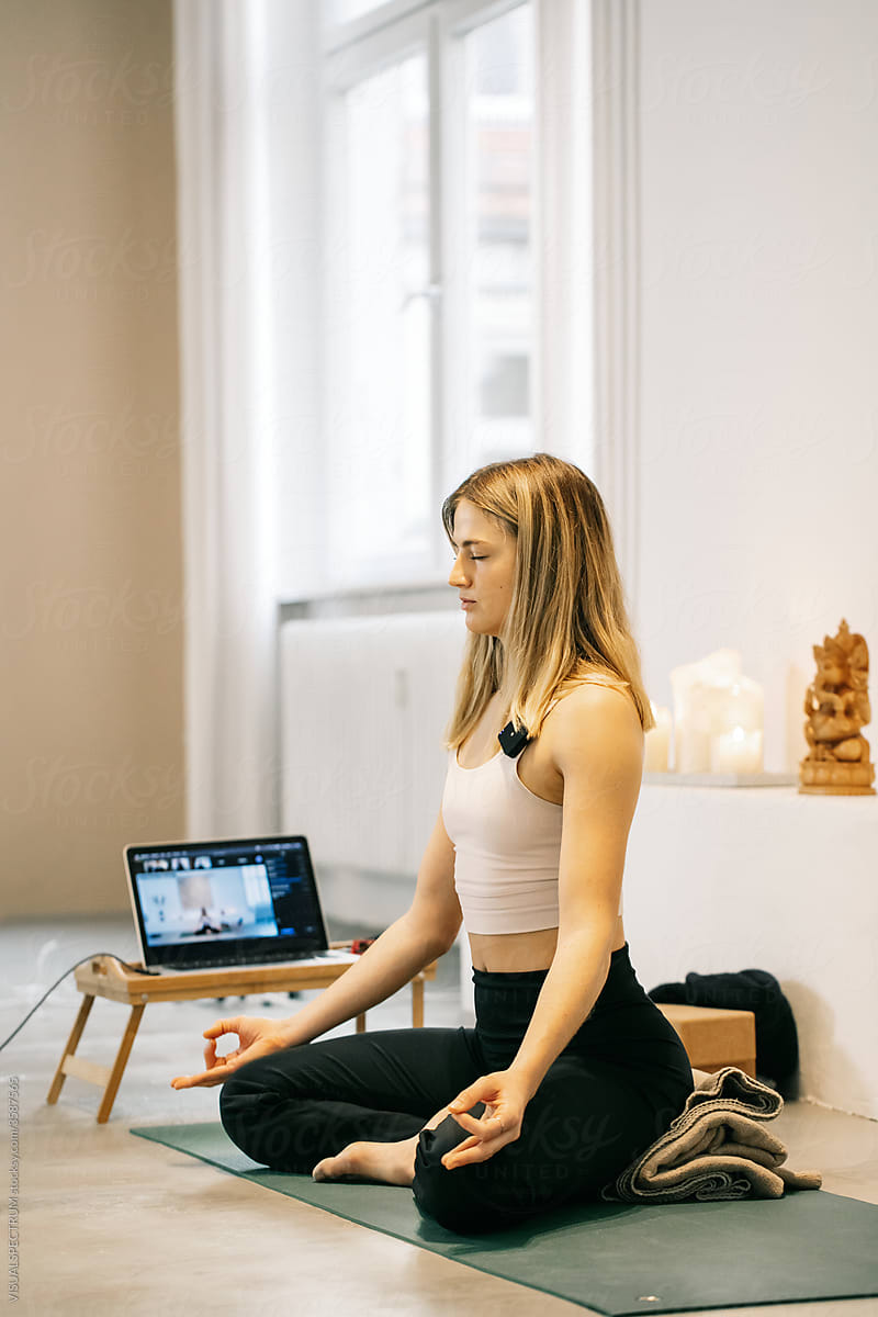Yoga Instructor Teaching Online Mindfulness Meditation Class