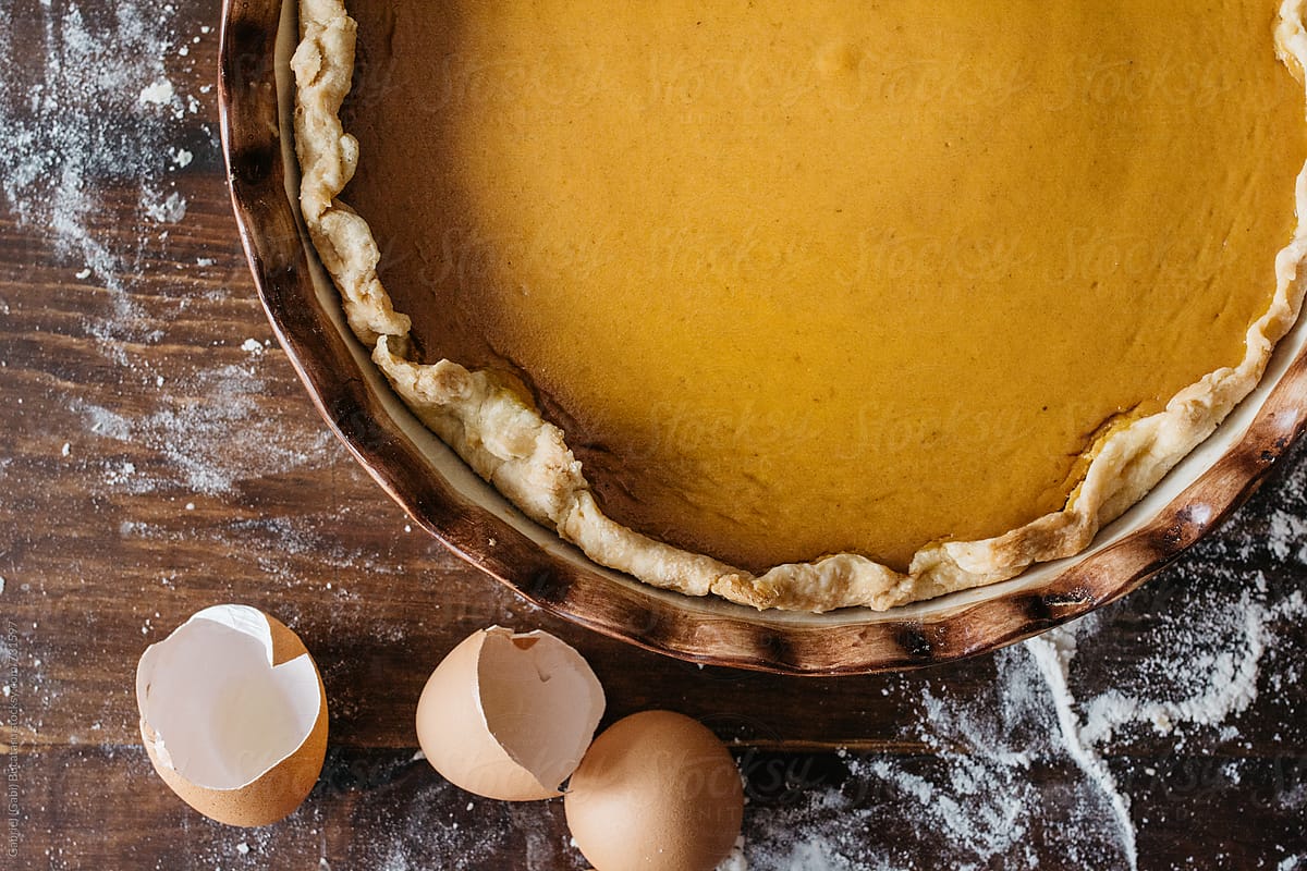 Pumpkin pie and egg shells from above