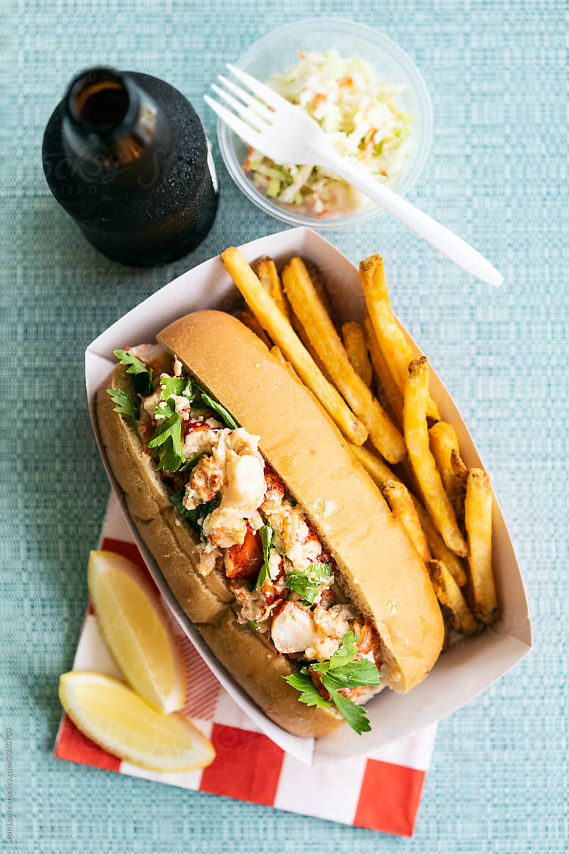 Cool Lobster Roll With Sides And Beer