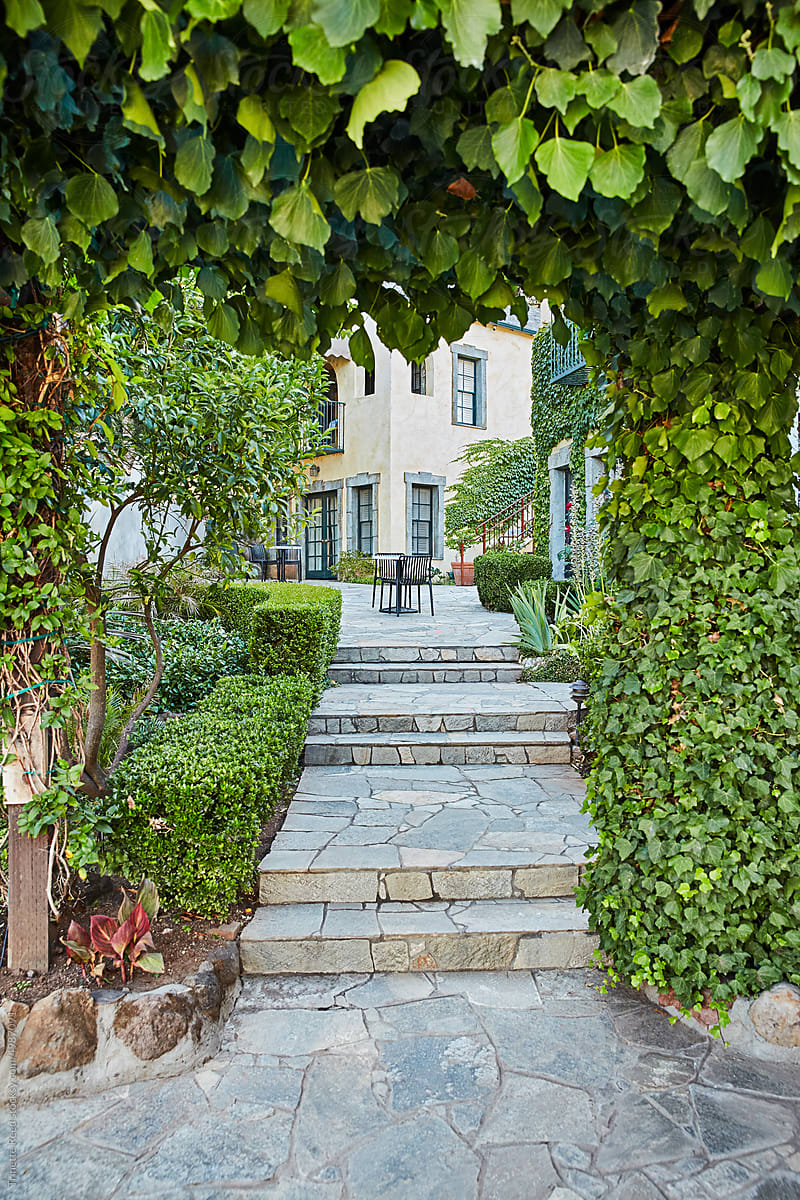 Exterior pathway and landscaping at boutique hotel