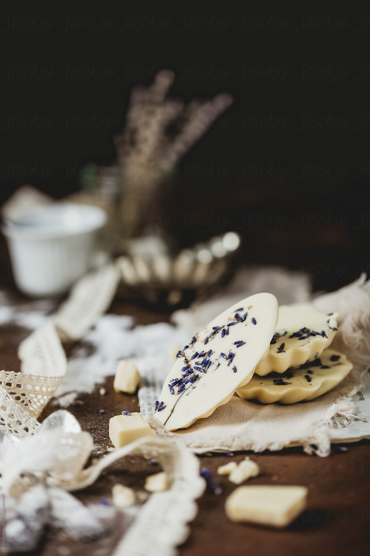 Homemade pralines with white chocolate and lavender