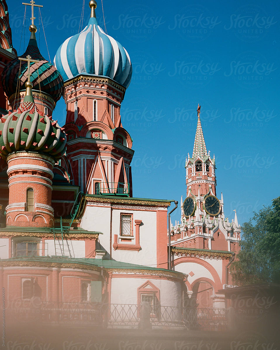 Intercession Cathedral (St. Basil\'s)  and Spassky Tower, Red Square, Moscow.