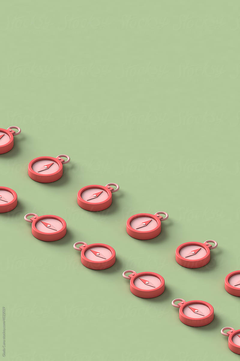 rows of pink compasses. 3d render with copy space