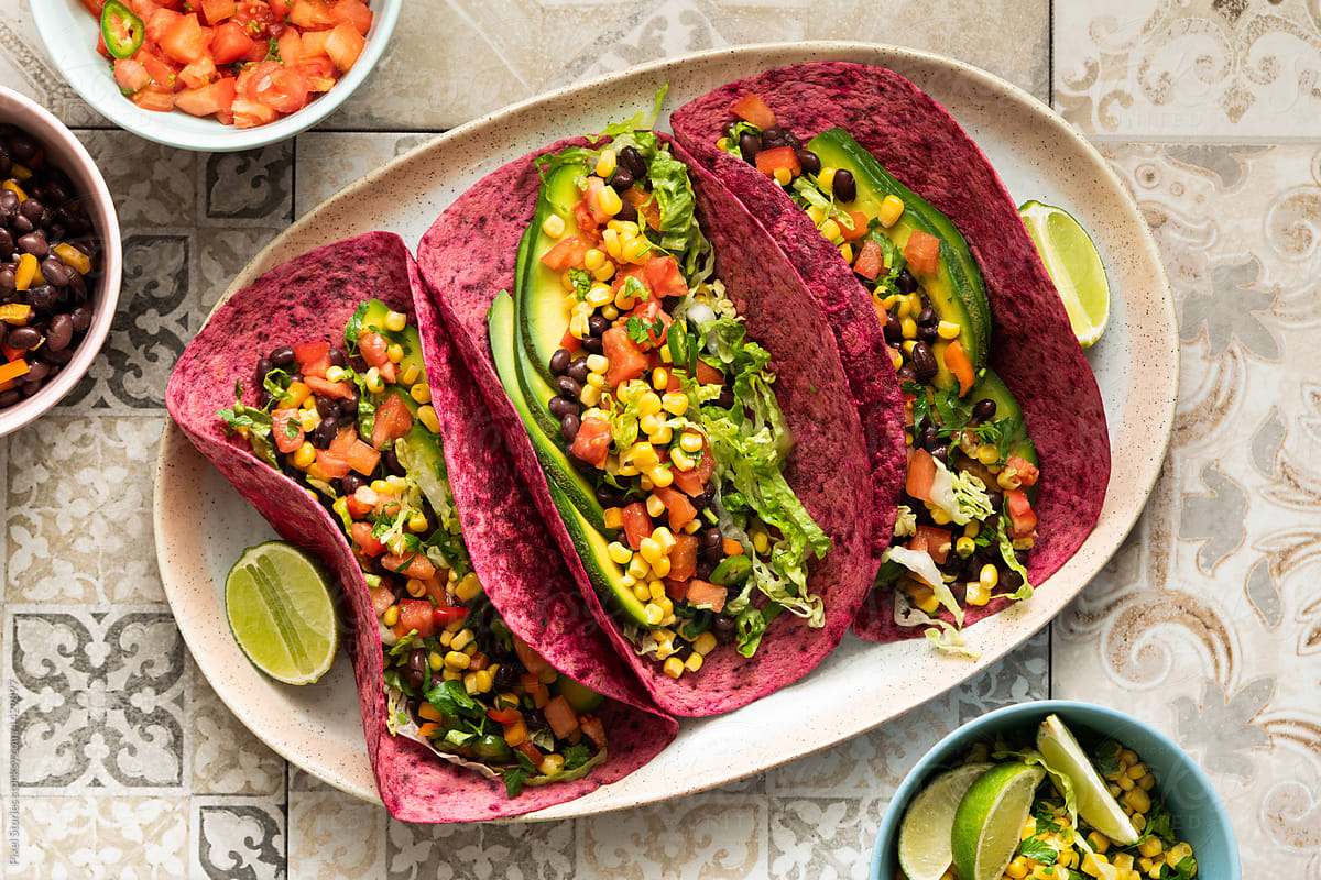 Vegan food: Mexican vegetable tacos with beet tortilla