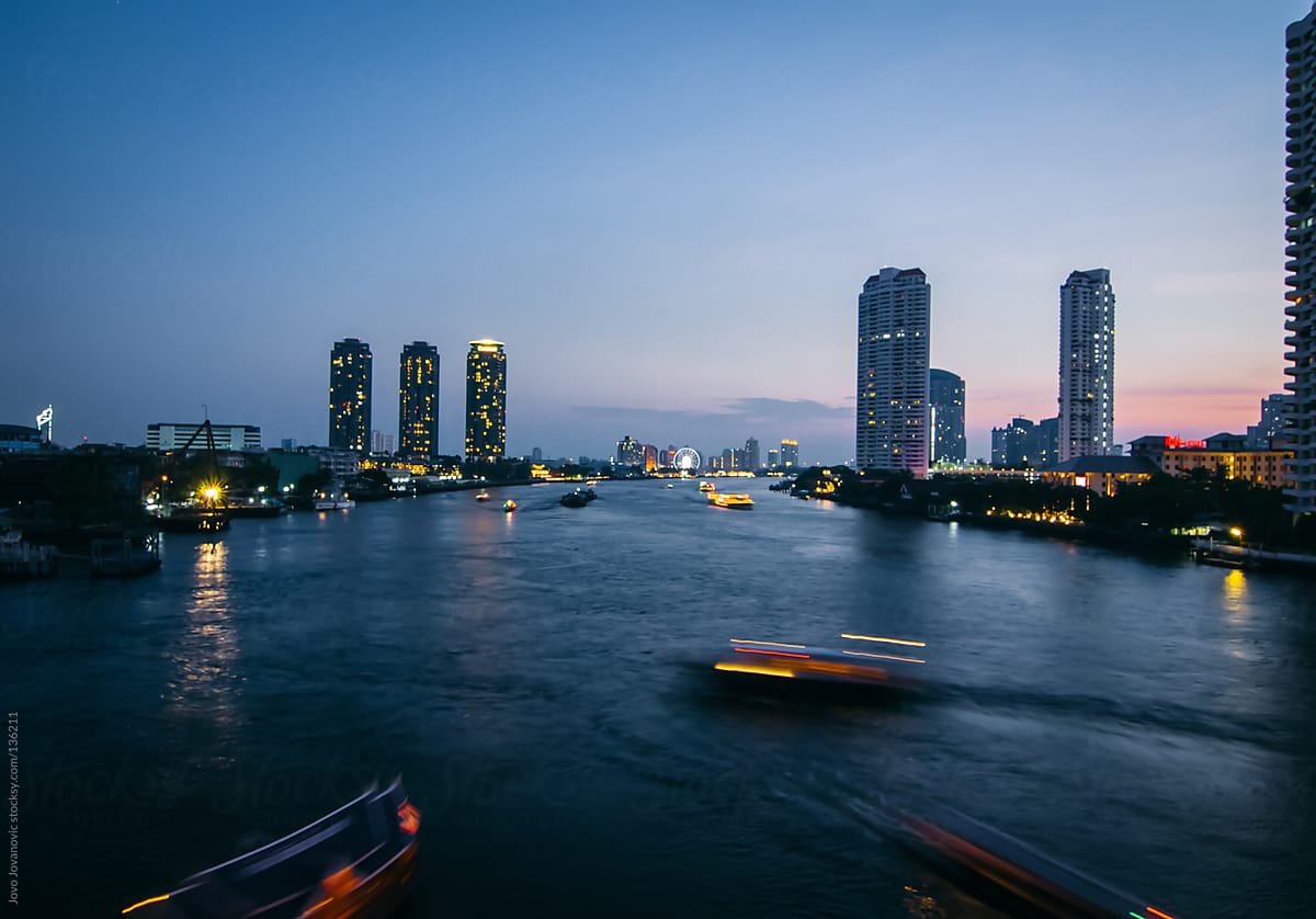Urban view of Chao Phraya river, Bangkok.
