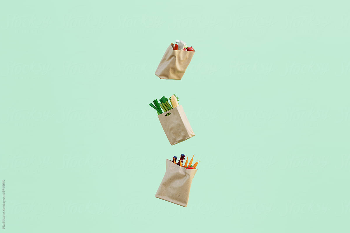 Shopping: Paper bags full of groceries floating on green background