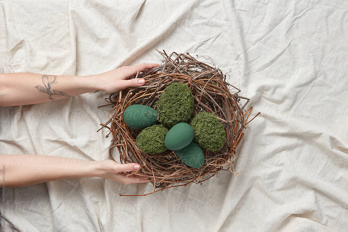 Grass and dyed Easter eggs in nest held by woman.