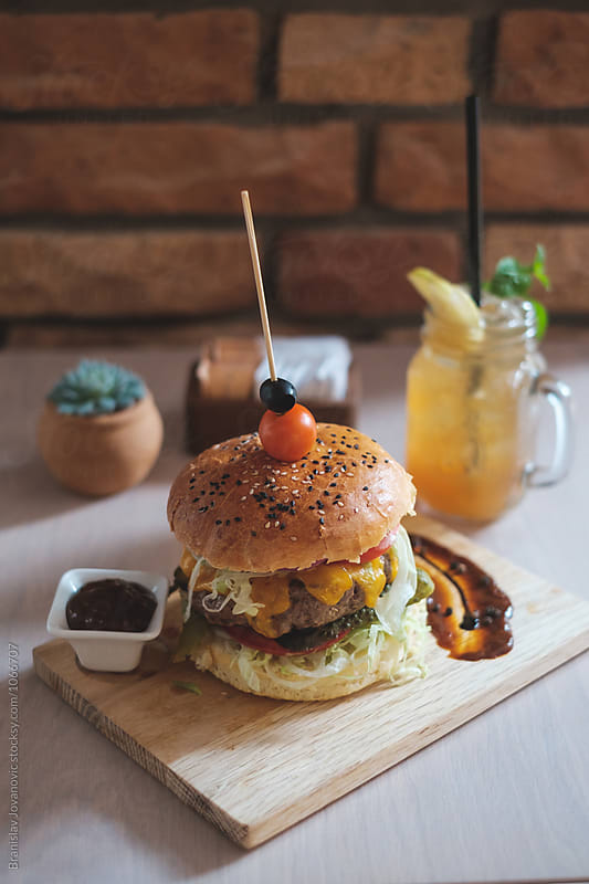 Beef Burger on the Wooden Board